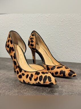 Jessica Simpson Leopard Print Cow Hair and Leather D’Orsay Pointed Toe Pumps 4M